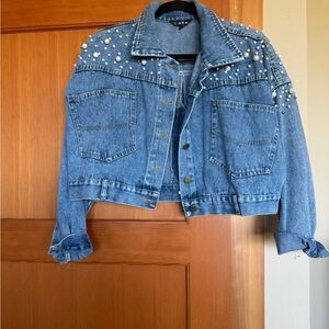 Pearl-Embellished Blue Denim Jacket